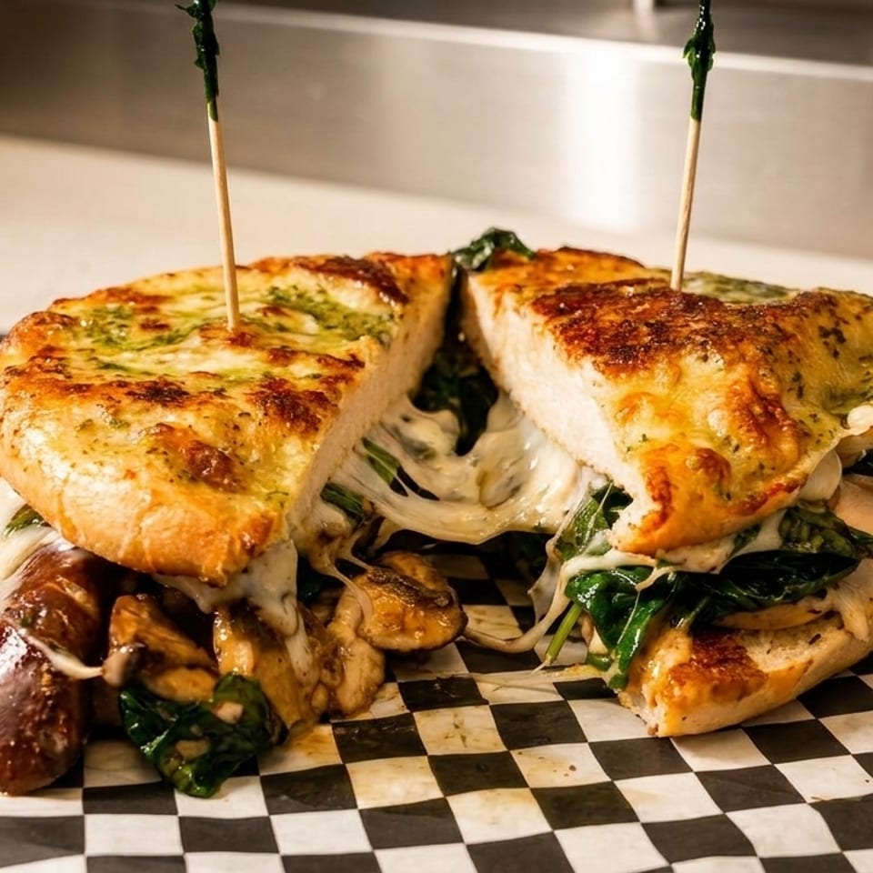 A sliced sandwich with melted cheese, spinach, and mushrooms on a checkered paper.