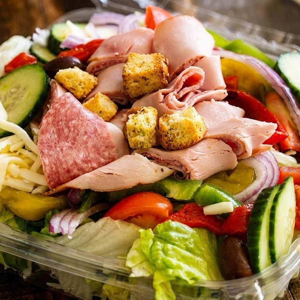A colorful deli salad in a clear plastic container, filled with meats, cheeses, and vegetables.