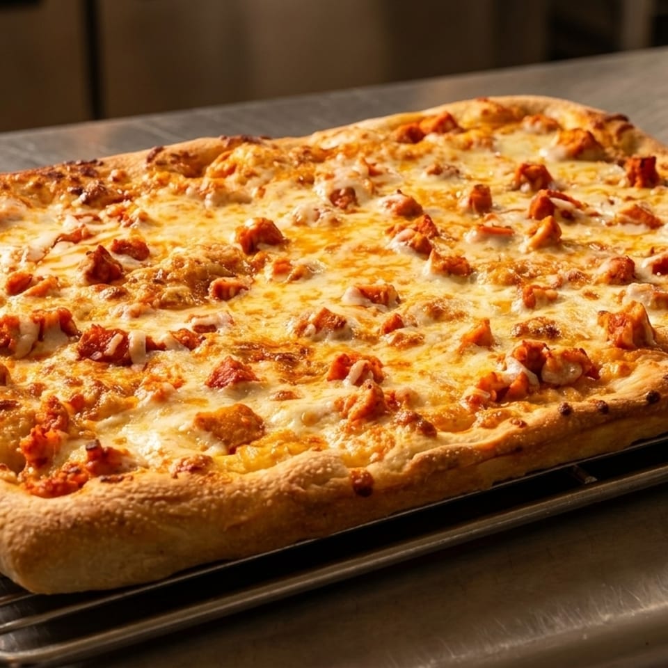 A rectangular Buffalo chicken pizza with melted cheese and chicken pieces on a metal cooling rack.