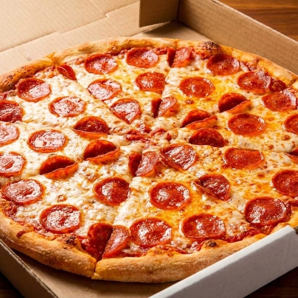 A whole pepperoni pizza, sliced and hot, inside an open cardboard delivery box.
