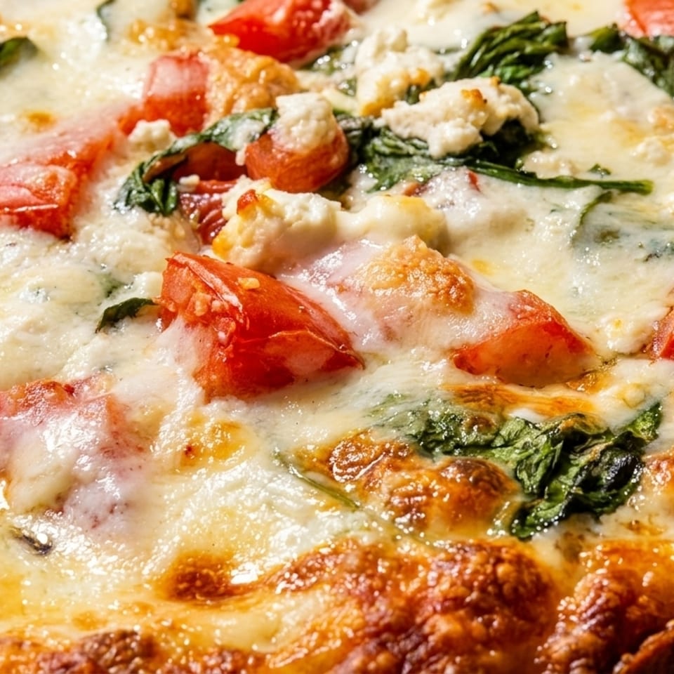 Close-up of a pizza with melted cheese, diced tomatoes, spinach, and feta cheese.