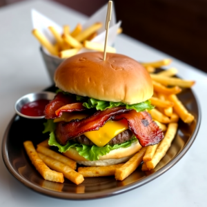 Hamburger with Fries - cup of ketchup